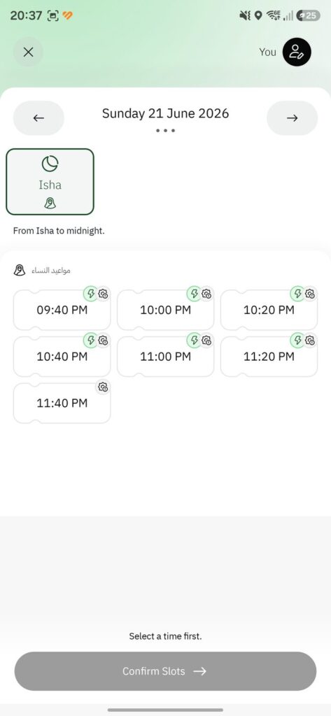 Time slots by prayer period