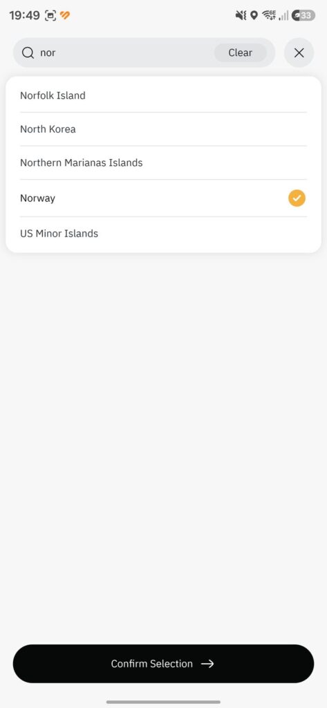 Search and confirm your country